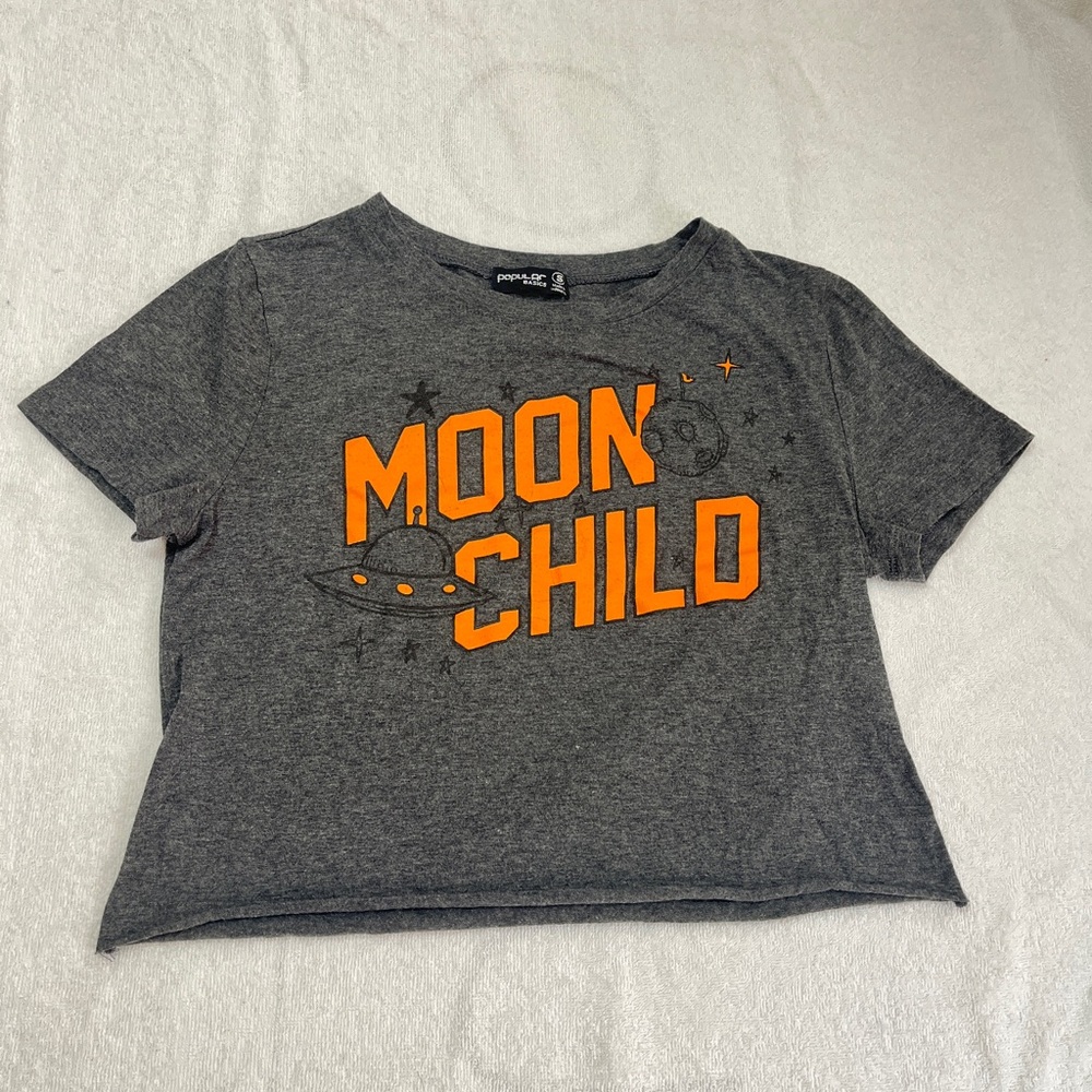 Popular Basics Gray and Orange Moon Child Tee